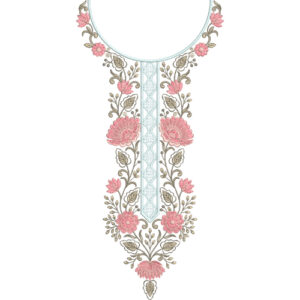 Elegant Floral Neck Embroidery Design with Central Geometric Panel and Soft Blossom Arrangement