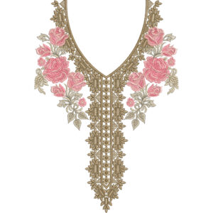 V-Neck Embroidery Design with Rose Floral Clusters and Intricate Central Panel Detailing