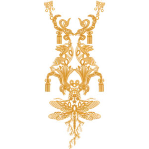 Ornamental Neck Embroidery Design with Stylized Bird Motifs and Decorative Tassel Elements