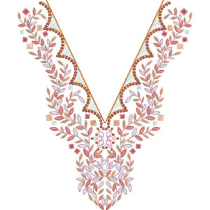 V-Neck Embroidery Design with Delicate Leafy Vines and Beaded Scalloped Border