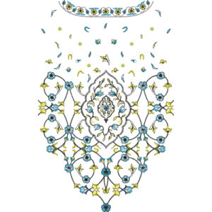 Ornamental Neck Embroidery Design with Symmetrical Floral Medallion and Scattered Motif Accents
