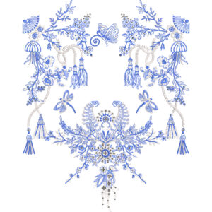Artistic Neck Embroidery Design with Butterfly Motif, Floral Branches, and Tassel Detailing
