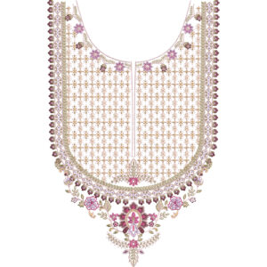 Ornate Neck Embroidery Design with Dense Geometric Fill, Floral Border, and Decorative Drop Motif