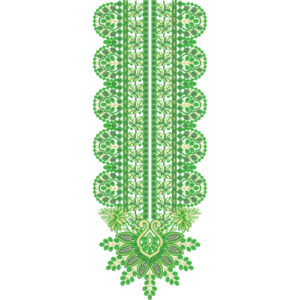 Intricate Green Neck Embroidery Design with Layered Geometric Panels and Ornamental Floral Base