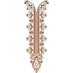 Floral Neck Embroidery Design with Vertical Striped Panel and Delicate Blossom Arrangement