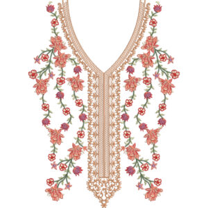 Floral V-Neck Embroidery Design with Ornamental Center Panel and Cascading Blossom Vines