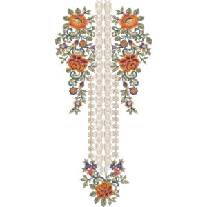 Floral Neck Embroidery Design with Central Lace Panel and Symmetrical Rose Arrangements