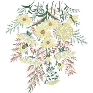 Artistic Floral Neck Embroidery Design with Hanging Botanical Elements and Soft Wildflower Composition