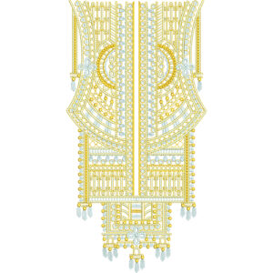 Intricate Neck Embroidery Design with Layered Geometric Panels and Ornamental Hanging Details
