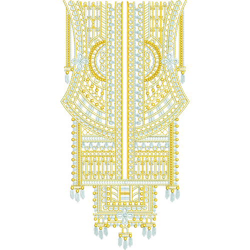 Intricate Neck Embroidery Design with Layered Geometric Panels and Ornamental Hanging Details