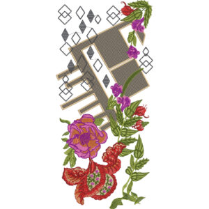 Abstract Floral Neck Embroidery Design with Geometric Blocks and Vibrant Botanical Arrangement