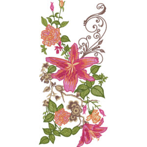 Asymmetrical Floral Neck Embroidery Design with Large Lily Motif and Ornamental Scroll Accent