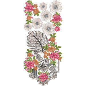 Artistic Floral Neck Embroidery Design with Monochrome Leaves and Vibrant Blossom Accents