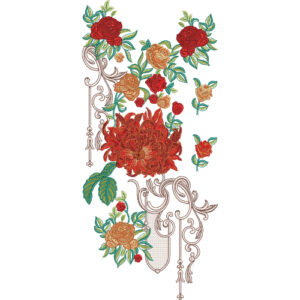 Ornamental Floral Neck Embroidery Design with Rose Clusters and Decorative Scrollwork