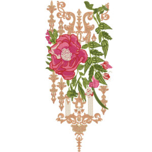 Ornamental Floral Neck Embroidery Design with Central Rose Motif and Decorative Baroque Elements