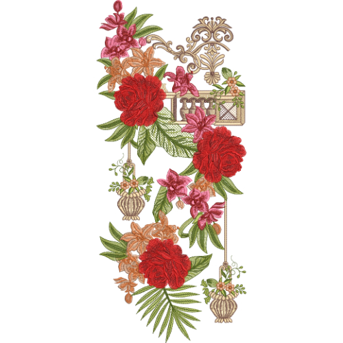 Decorative Floral Neck Embroidery Design with Rose Clusters and Hanging Ornamental Elements