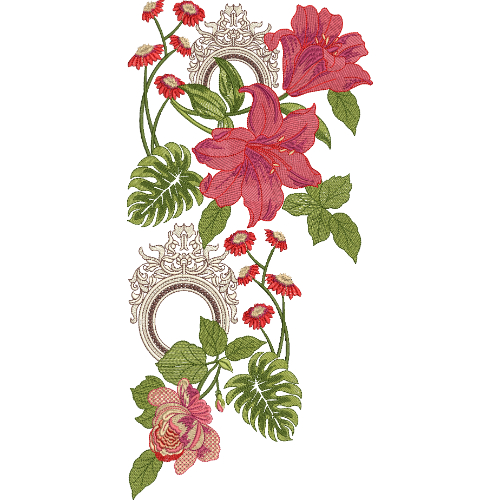 Artistic Floral Neck Embroidery Design with Lily Motifs and Ornamental Frame Elements