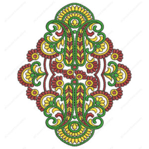 Ornamental Floral Embroidery Design with Symmetrical Scrollwork and Layered Petal Motifs