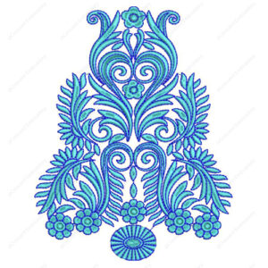 Elegant Blue Floral Embroidery Design with Symmetrical Scrollwork and Leaf Detailing