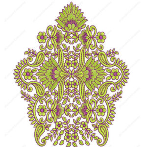 Vibrant Green Floral Ornamental Cushion Embroidery Design with Symmetrical Vine Detailing