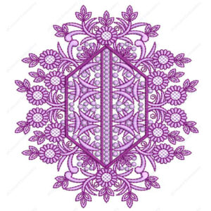 Ornamental Floral Embroidery Design with Central Geometric Frame and Symmetrical Bloom Arrangement