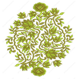 Elegant Green Floral Embroidery Design with Flowing Vine Patterns and Leaf Detailing