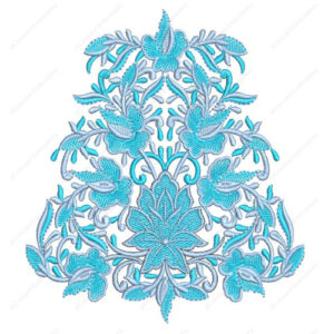 Elegant Blue Floral Embroidery Design with Symmetrical Vine Scrolls and Leaf Motifs