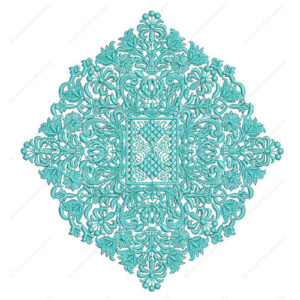 Intricate Turquoise Embroidery Design with Central Geometric Panel and Ornamental Floral Scrollwork