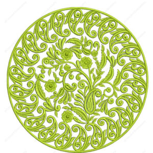 Elegant Green Circular Floral Cushion Embroidery Design with Decorative Scroll Border