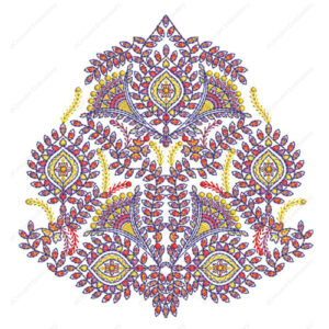 Vibrant Multicolor Embroidery Design with Leaf Motifs and Ornamental Floral Arrangement