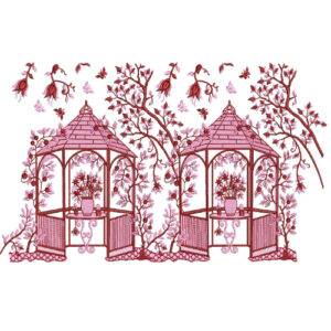 Decorative Garden Pavilion Embroidery Design with Floral Vines and Architectural Detailing