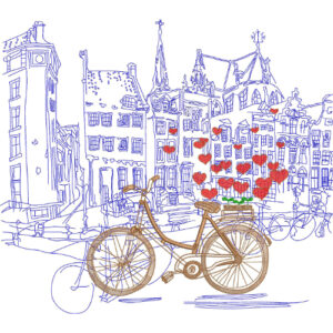 Artistic Cityscape Embroidery Design with Bicycle and Architectural Line Art Detailing