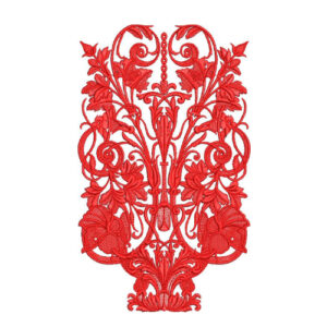 Intricate Red Embroidery Design with Ornamental Scrollwork and Floral Motifs