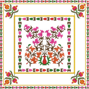 Decorative Square Embroidery Design with Floral Tree Motif and Ornamental Border Detailing