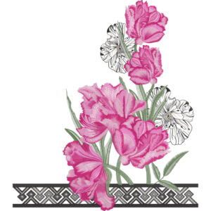 Elegant Pink Floral Embroidery Design with Layered Blossoms and Decorative Border Accent
