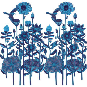 Blue Botanical Embroidery Design with Birds and Layered Floral Elements