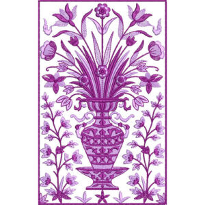 Elegant Purple Embroidery Design with Decorative Vase and Symmetrical Floral Arrangement