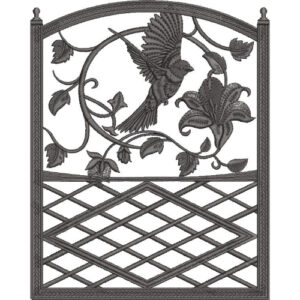 Elegant Monochrome Embroidery Design with Bird Motif and Decorative Garden Trellis