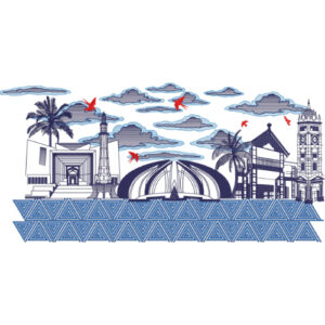 Artistic Cityscape Embroidery Design with Architectural Landmarks and Decorative Geometric Base