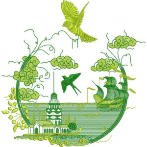 Artistic Green Embroidery Design with Birds, Landscape Elements, and Ornamental Nature Scene