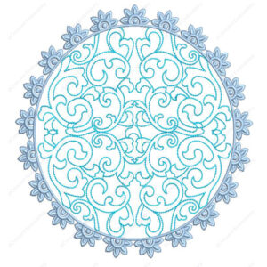 Delicate Blue Scroll Circular Cushion Embroidery Design with Floral Edge Detailing