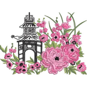 Elegant Floral Embroidery Design with Asian Pavilion and Blooming Pink Flowers