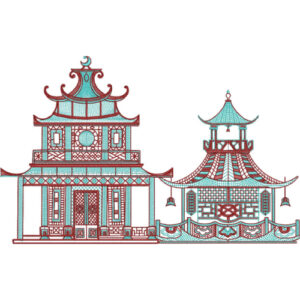 Architectural Embroidery Design with Traditional Pavilion Structures and Detailed Linework