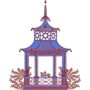 Decorative Pavilion Embroidery Design with Ornamental Architecture and Floral Accents