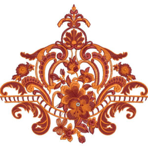 Ornamental Floral Embroidery Design with Rich Scrollwork and Symmetrical Botanical Motifs