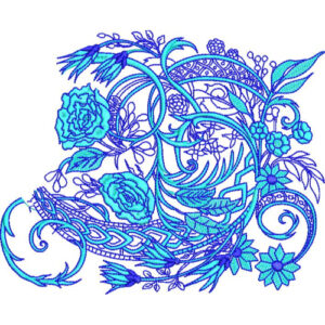 Ornamental Blue Floral Embroidery Design with Intricate Scrollwork and Layered Botanical Elements