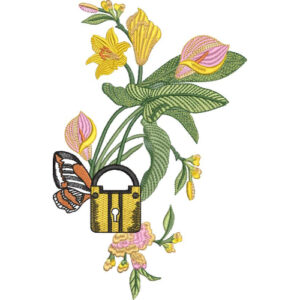 Creative Floral Embroidery Design with Butterfly Accent and Decorative Lock Motif