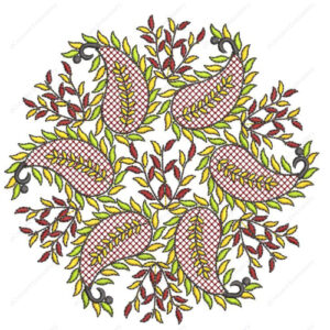 Intricate Paisley Floral Cushion Embroidery Design with Leafy Circular Composition