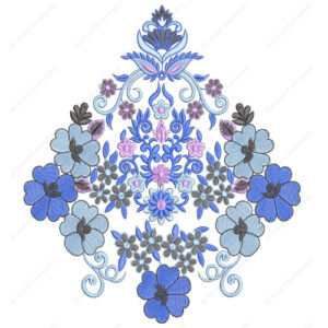 Elegant Blue Floral Cushion Embroidery Design with Ornamental Symmetrical Arrangement