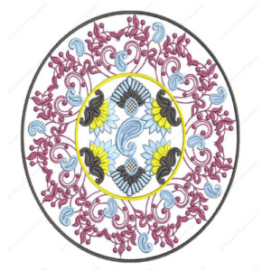 Multicolor Circular Floral Cushion Embroidery Design with Paisley and Scroll Detailing
